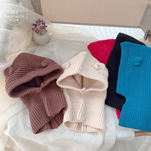 South Korea same style baby New knitted hat scarf one-piece suit autumn and winter children's solid color cute pullover hat fashion