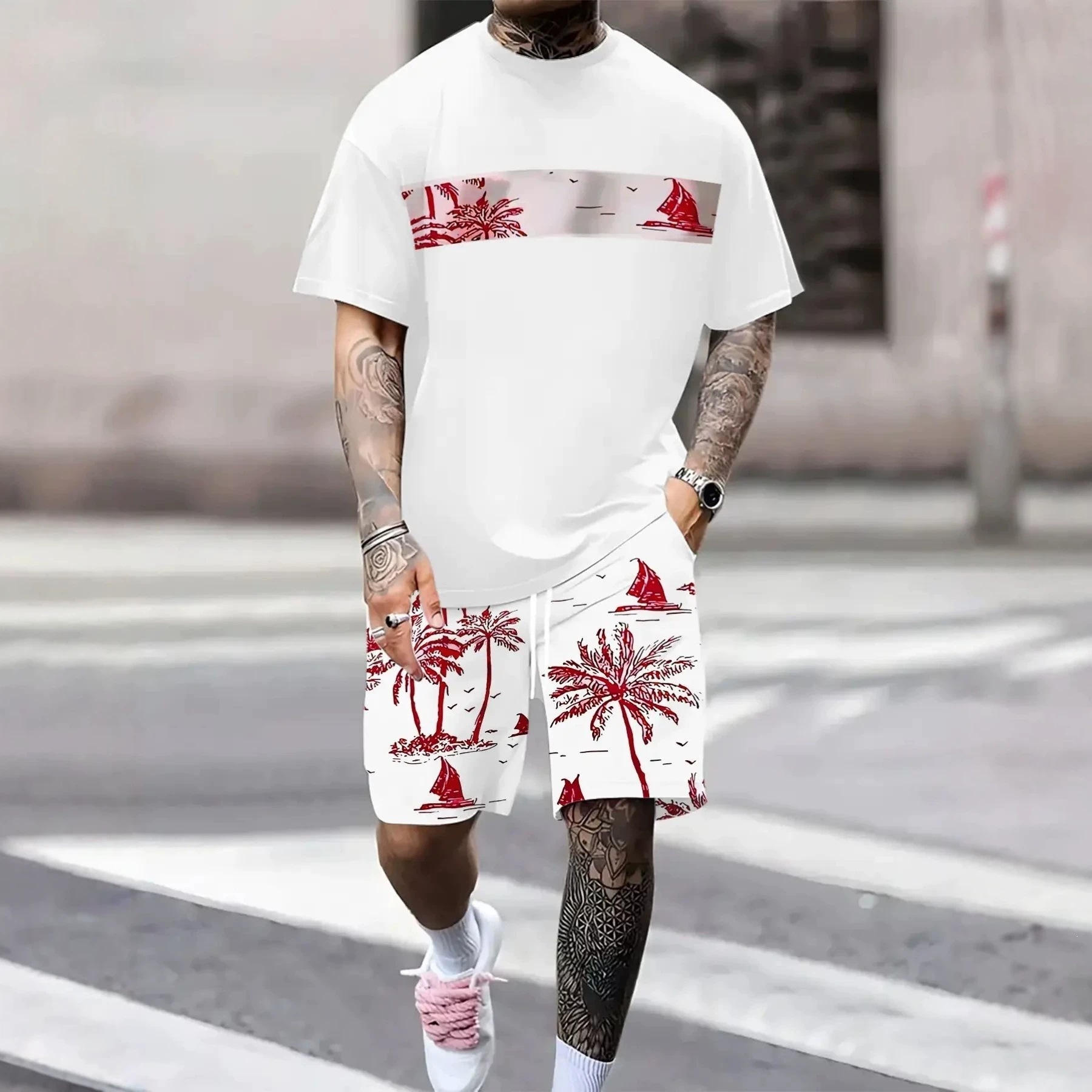 Summer 3D Sailboat Print Men's Suit Casual Loose Fit Versatile Comfortable Everyday Wear_viptrois.com