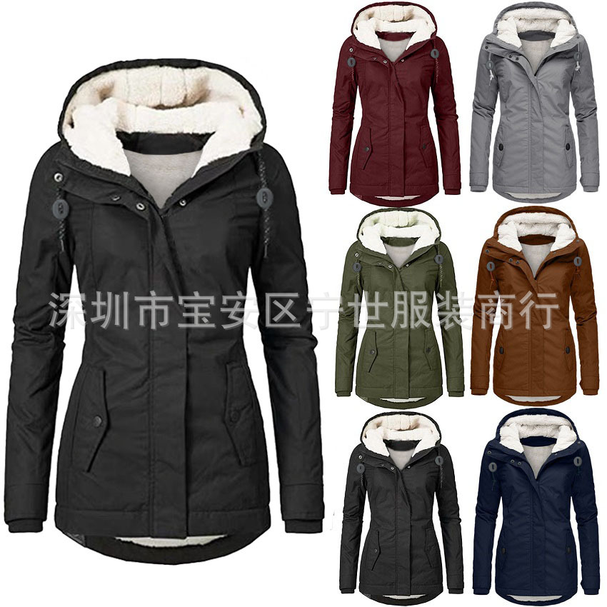 大量现货欧美跨境爆款棉服加绒连帽保暖外套收腰女士棉衣一件代发