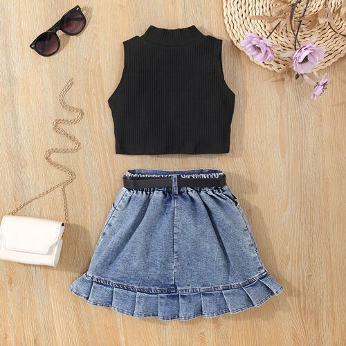 Amazon Cross-border Children's Wear Set for Girls: Solid Color Tank Top, Sleeveless Blouse, Denim Pouch Pants, Pleated Short Skirt, Belt