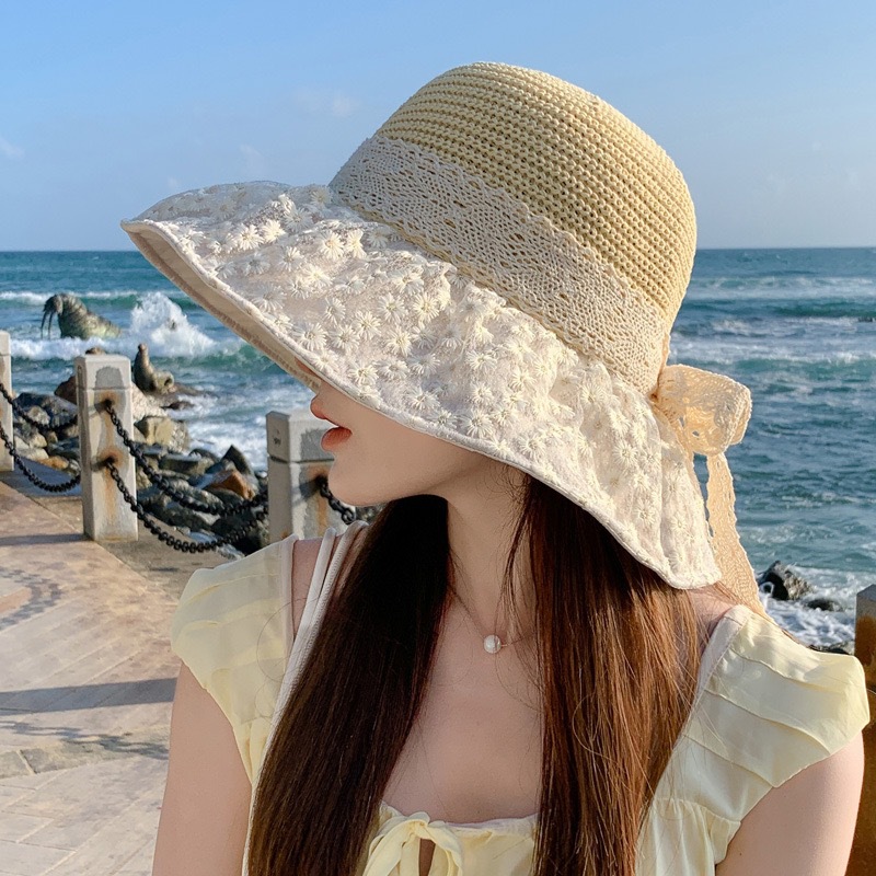 夏季新款韓版蕾絲飄帶帽子女甜美百搭網紗碎花漁夫帽小清新針織帽