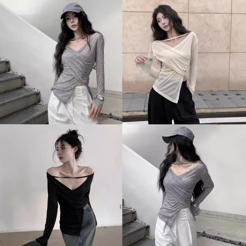 Ins hot girl pure desire sun protection V-neck long-sleeve T-shirt for women, spring and autumn, design sense, sexy temperament, slimming base top for women