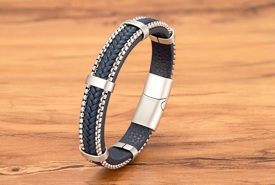Men's Gender Vintage Style Geometric Pu Leather Titanium Steel Plating Men's Wristband Men Cord & Leather Bracelets