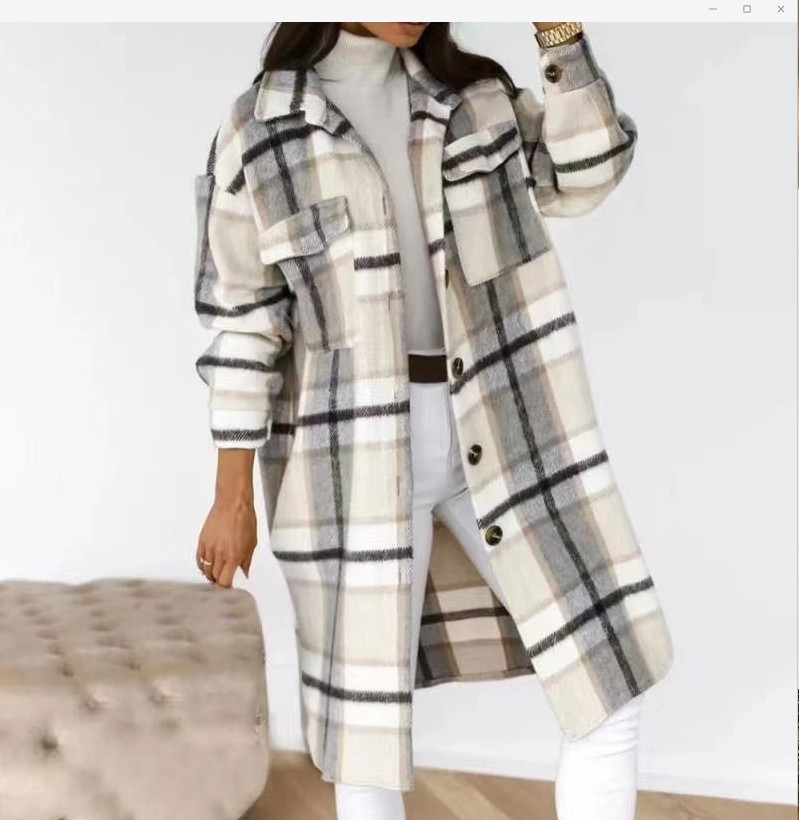 Autumn And Winter Long Sleeved Button Lapel Leisure Plaid Long Wool Coat