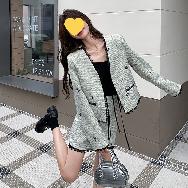 蕾丝拼接小香风套装裙女春秋2025新款小个子气质高级感短裙两件套|undefined