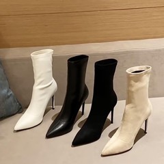 2025秋冬短靴女高跟弹力法式黑色尖头细跟瘦瘦靴绒面白色靴子气质