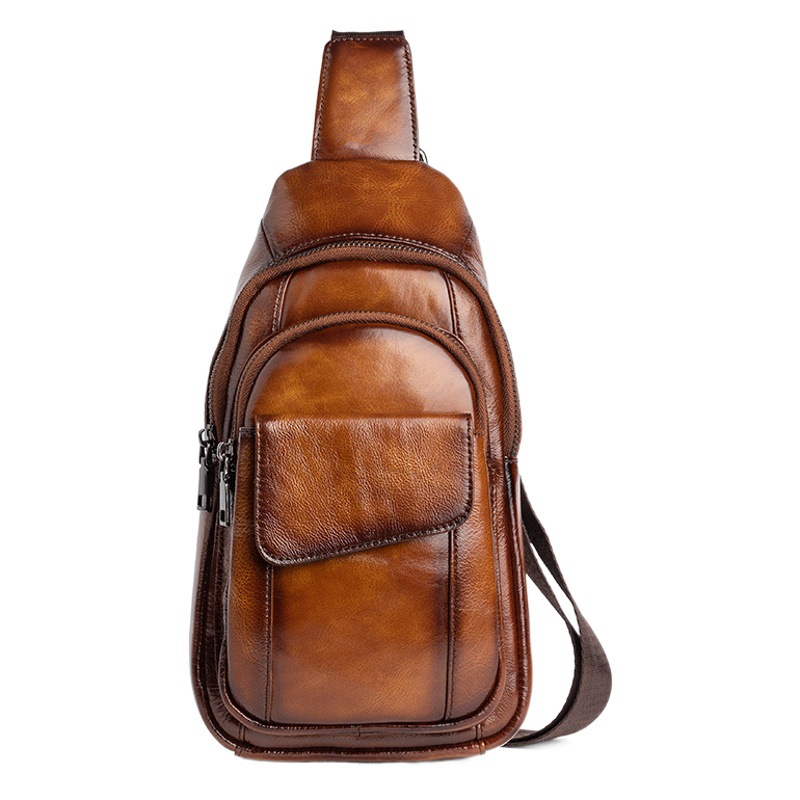Genuine Leather Men's Bag Top Layer Cowhide Chest Bag Men's Crossbody High-end Temperament Fashionable Trend Personality Retro Practical White-fit