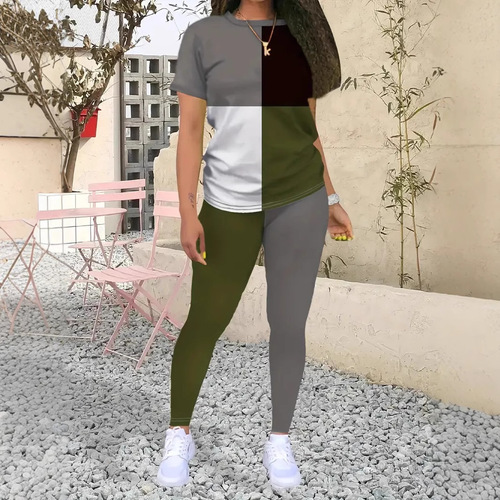 2024 Summer New Fashion Trend European and American Cross-Border Fashion Color-Block Short-Sleeved T-Shirt Set ME15+WC1