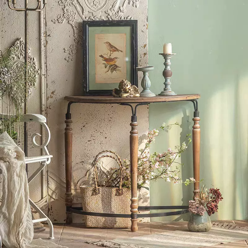 美式复古实木玄关桌民宿靠墙半圆桌子跨境爆款做旧展示架客厅茶几