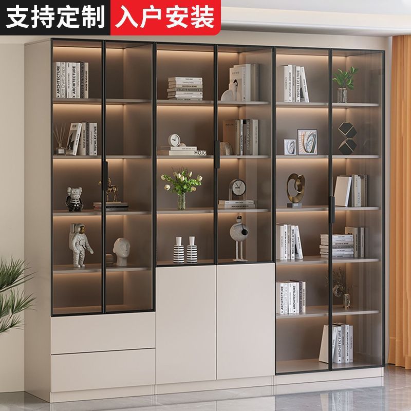 Bookcase Integrated to the Top, New Chinese Style Bookcase, Light Luxury High-End Wine Cabinet with Glass Door Display Cabinet, Whole Wall Bookshelf