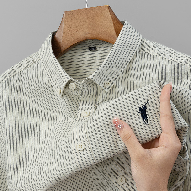 Exquisite Embroidered Long-Sleeved Shirt for Men, New Spring and Autumn Design, Niche Striped Slim-Fit Pure Cotton Base Shirt