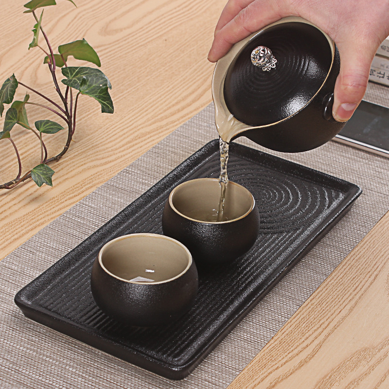 Simple Black Pottery Express Cup One Pot Two Cups Japanese Style Crude Pottery Portable Travel Tea Set Teapot Tea Cup Ceramic