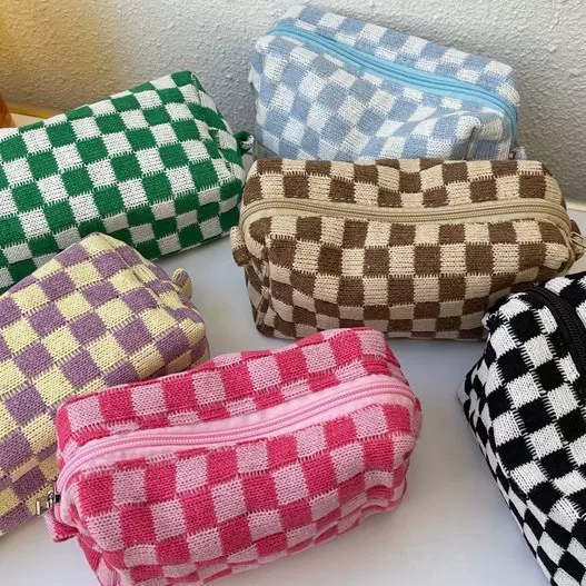 棋盘格针织化妆大容量化妆品收纳包便捷多功能旅行收纳包