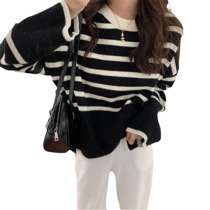 2023 Otoño e Invierno Nuevo suéter estilo coreano de las mujeres cuello redondo manga larga a rayas suéter suelto ropa interior de las mujeres Comercio exterior al por mayor image 1