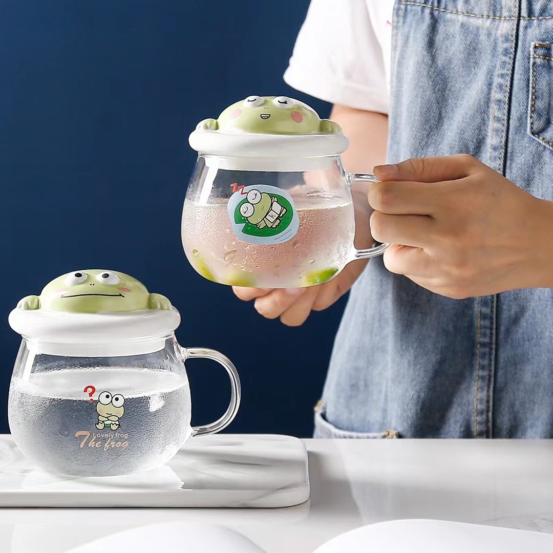 Corea personalidad creativa Linda historieta 3D forma taza Rana de cristal transparente con tapa cuchara agua