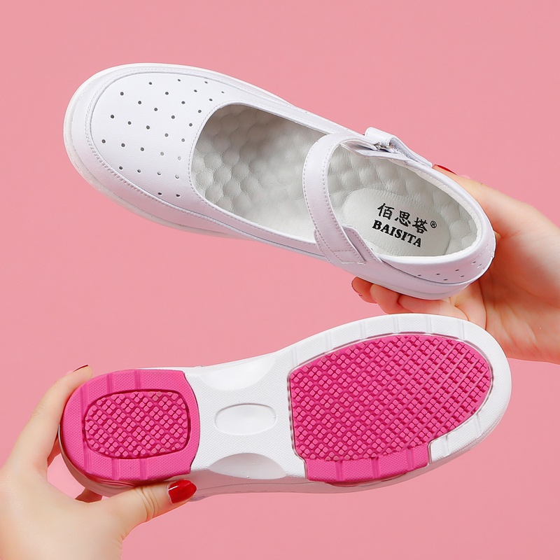 2026 Spring New Style Genuine Leather Nurse Shoes with Air Cushion, Soft Sole, Comfortable and Breathable Flats, Flat-Soled Non-Slip Hospital Work Shoes