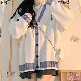 日系甜美V领小花刺绣毛衣外套女学生秋季新款韩版针织开衫潮