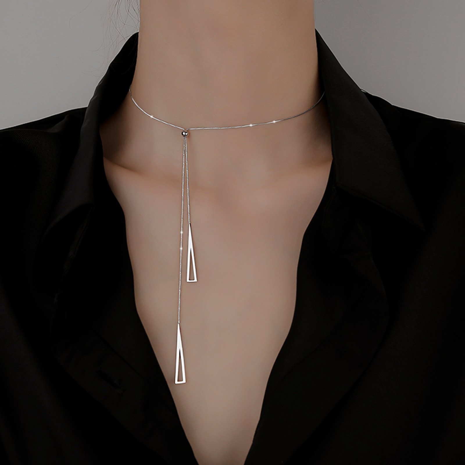 Triangular Geometric Adjustable Pull Necklace Female Niche Design Tassel Woolen Chain Long Popular Elegant Simple