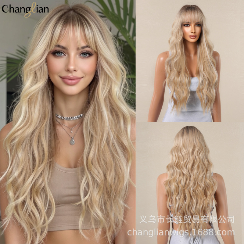 European and American Cross-Border Wigs for Women with Bangs and Long Curly Hair, Suitable for Daily Wear, Made of Heat-Resistant High-Temperature Fiber, Full Head Style