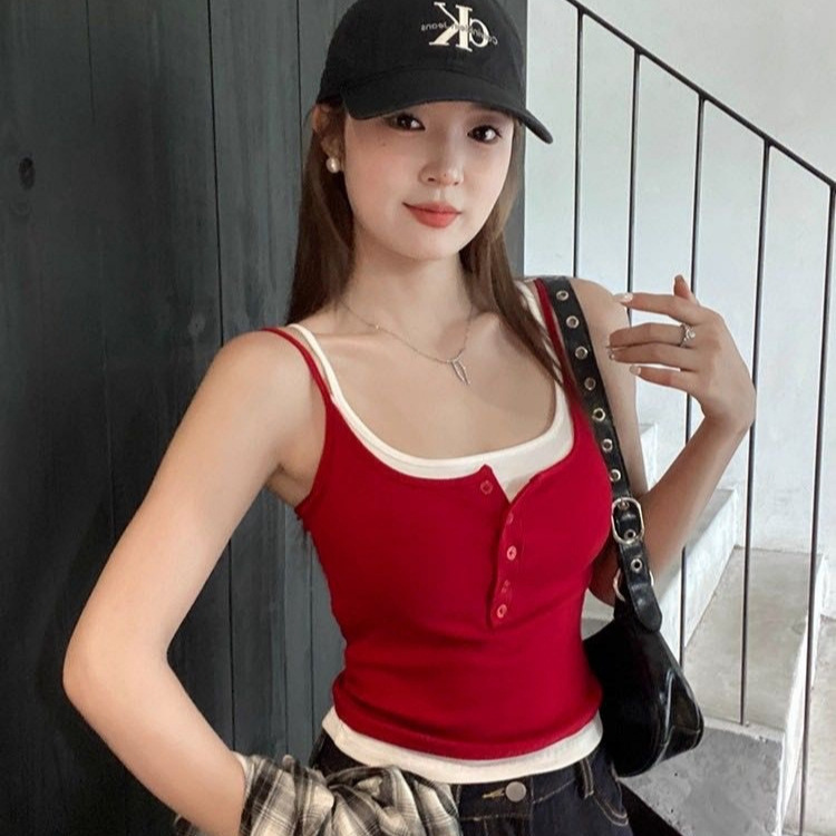 10125 # Summer New Pure Desire Fake Two-Piece Contrasting Color Camisole Slim All-In-One Versatile Top with Breast Pads