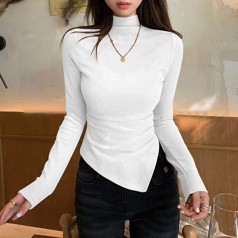 New Autumn Base Layer Top with De Rong Half-High Collar for Women, Irregular Shoulder Design for Autumn and Winter