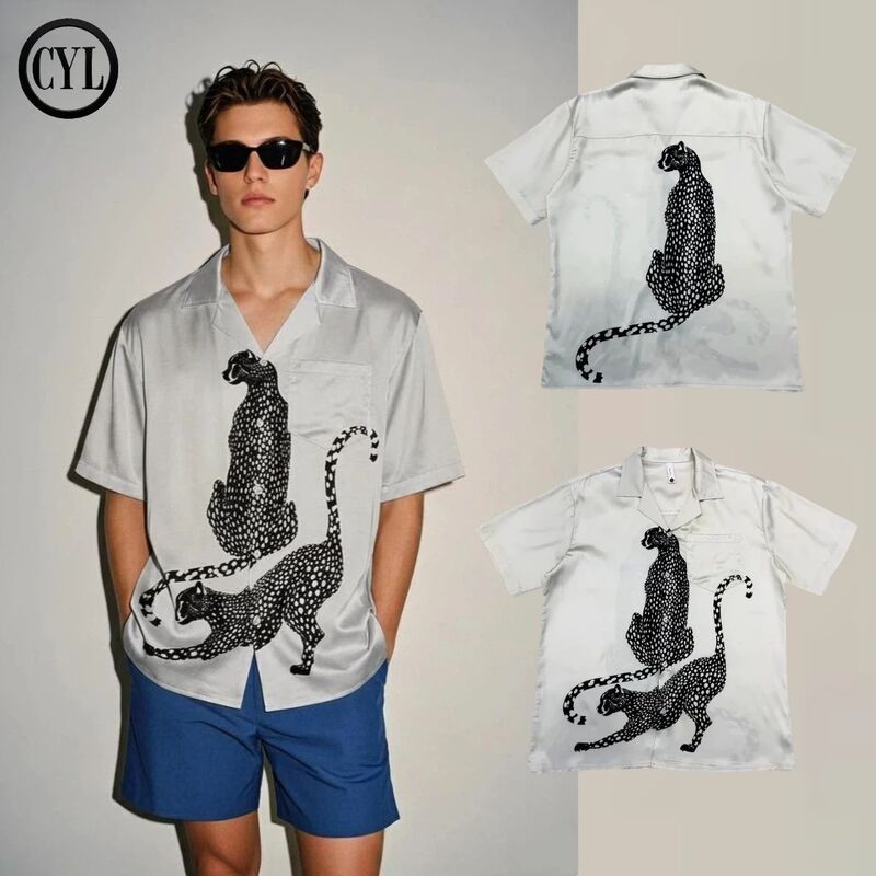 【Cyl】Retro Satin Cuban Collar Shirt for Men, Short-Sleeved, Niche Fashion Brand, Jaguar Shirt, High-End Style