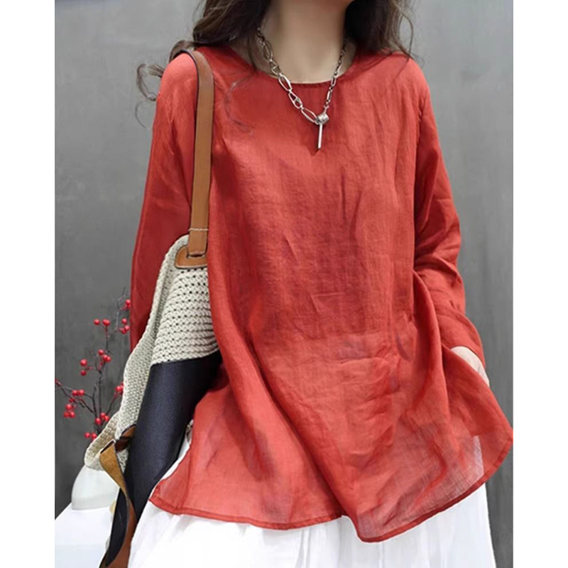 Women's Spring and Summer Lightweight Vintage Cotton-Linen Long-Sleeve T-Shirt Chinese Style Pullover Mid-Length Shirt Dress Top Women's Spring and Summer Lightweight Vintage Cotton-Linen Long-Sleeve T-Shirt Chinese Style Pullover Mid-Length Shirt Dress Top