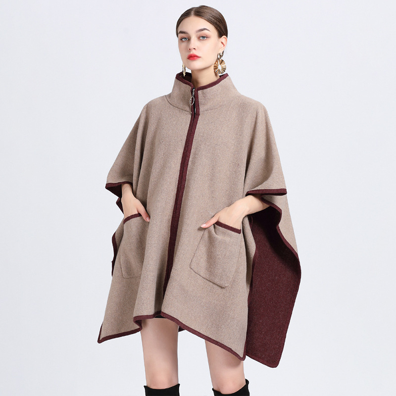 Stand collar pocket zipper cape cape large size knitted cardigan sweater coat woman_voghion.com