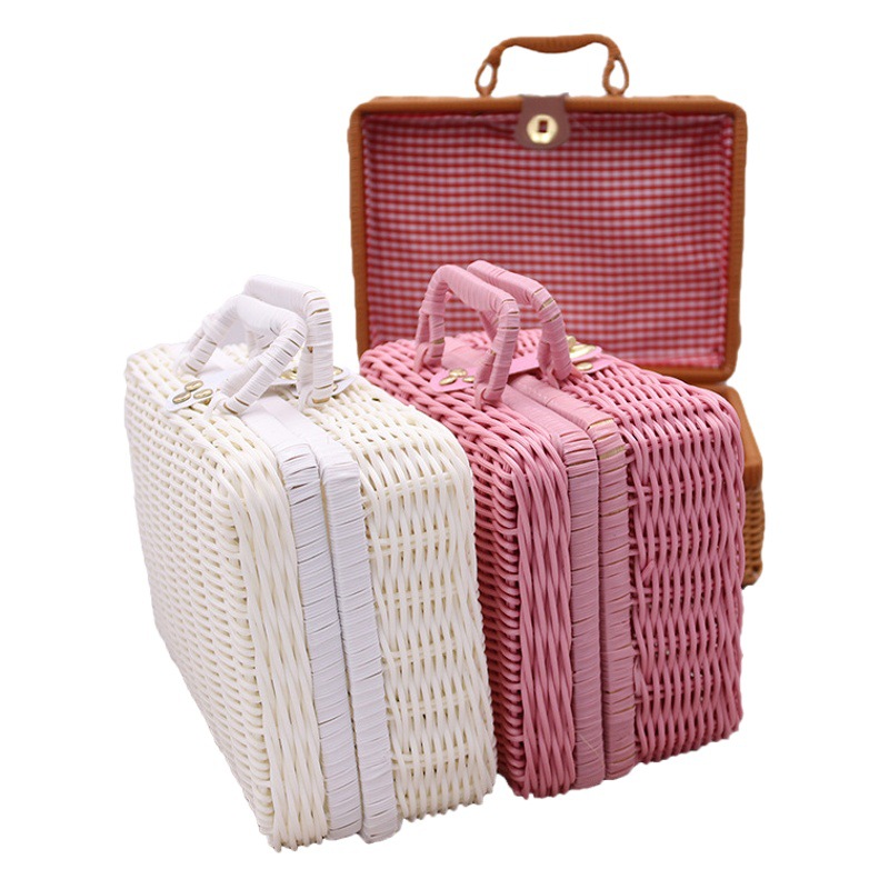 Organizador cosmético ratán caja vintage apoyos ratán maleta mano caja de regalo sólido PP tejido ratán caja de almacenamiento