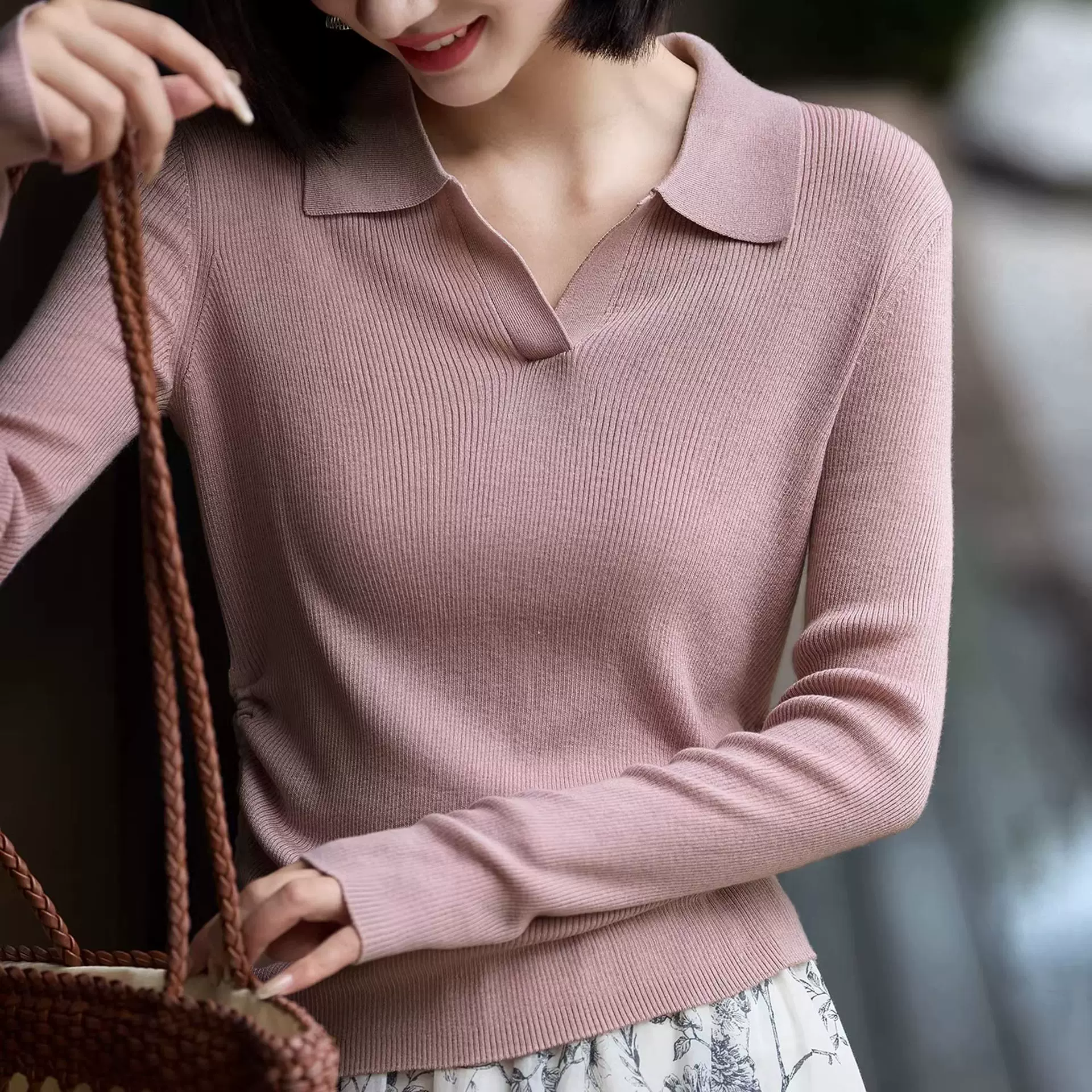 26春新粉色轻薄抽绳小蛮腰显瘦气质翻领长袖针织上衣毛衣女22782