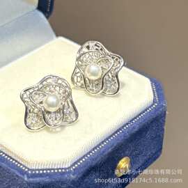 明星们同款复古花式耳钉5-6mm天然高品质淡水珍珠14k注金金银两色