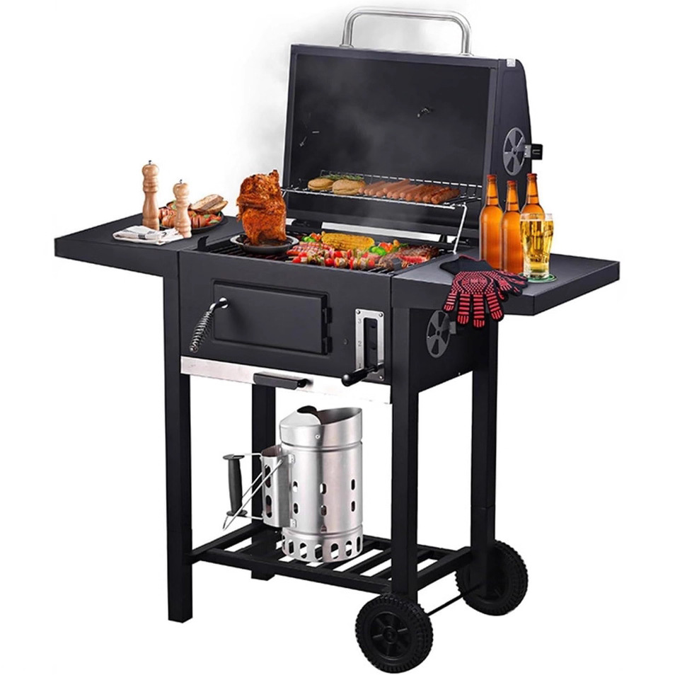 北美跨境热销折叠烧烤炉含保温网可移动庭院大烤架bbq无烟烧烤车