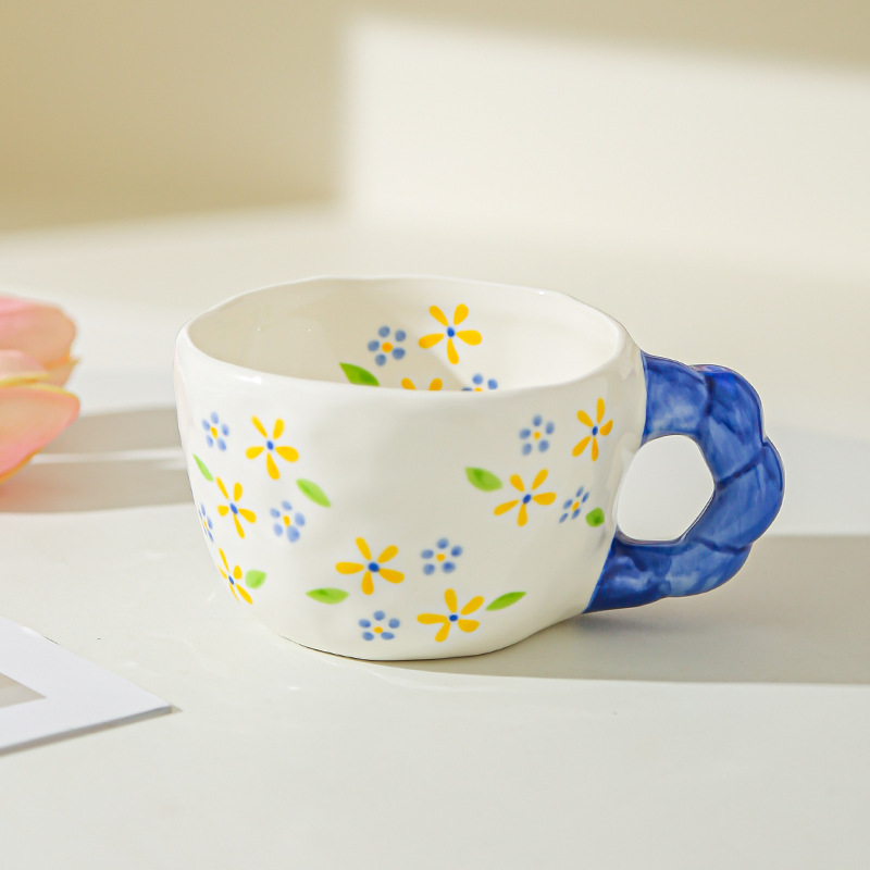 Retro pintado a mano flores hechas a mano irregular tazas de cerámica encantadoras tazas de café diseño tazas de café tazas de agua caseras