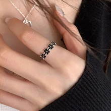 s925纯银黑色滴釉花朵戒指女ins甜酷风简约个性独特设计开口指环