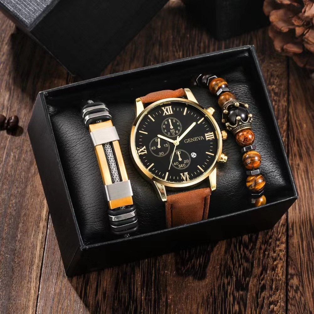 Comercio exterior AliExpress hombres Ginebra Roma falso Calendario de tres ojos cinturón ambiente de negocios caja de cuarzo reloj de pulsera