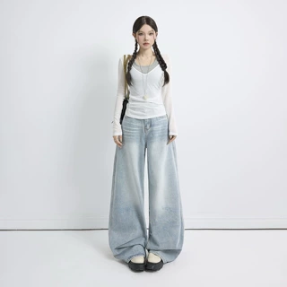 YECHUAN#美式复古水洗阔腿牛仔裤早秋磨破设计宽松慵懒垂感拖地裤