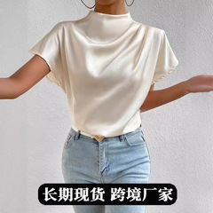 2025 越境ホットセール新製品ラウンドネック半袖左肩プリーツ tシャツサテンサテン女性のトップス在庫卸売
