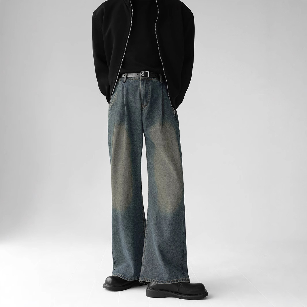 韩国INS复古宽松牛仔裤男女褶皱阔腿裤水洗长裤垂感直筒拖地裤超