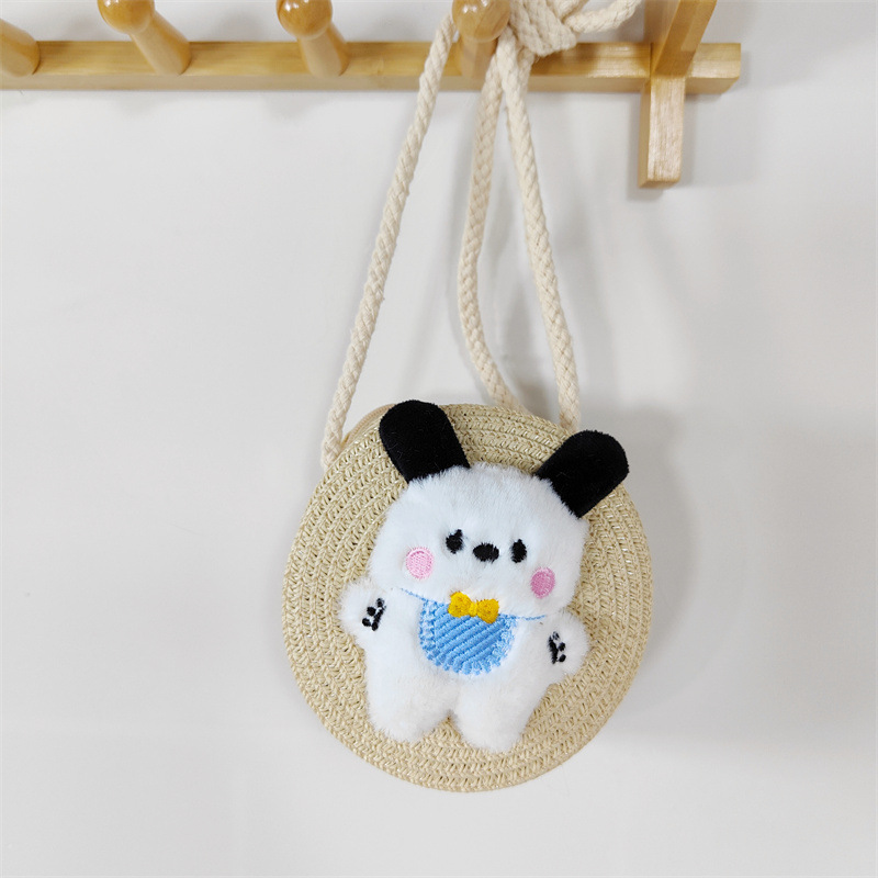 Verano de los niños de paja lindo babero cachorro crossbody pequeño bolso redondo niños y niñas al aire libre ligero dibujos animados tejida BOLSA DE PAJA