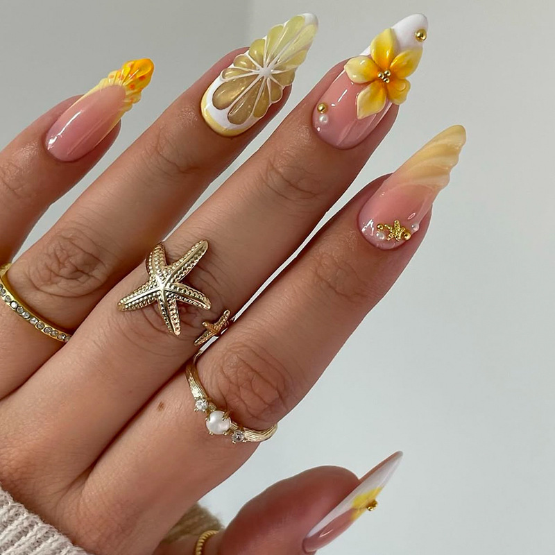 24 Pieces of Cross-Border European and American Almond-Shaped 3D Flower Print Press-On Nails, Removable Nail Tips, Ins-Style