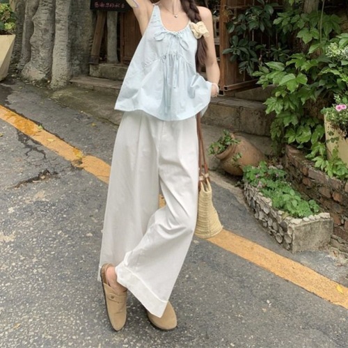 Fashion Set Women Blue Pleated Straps Tank Top 2025 Summer Loose Wide Leg Pants Casual Pants Two Piece Set
