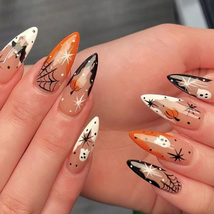 Cross-Border New Halloween Manicure Dark Fake Nails French Ghost Spider Web Bat Almond Water Drop Nails Removable