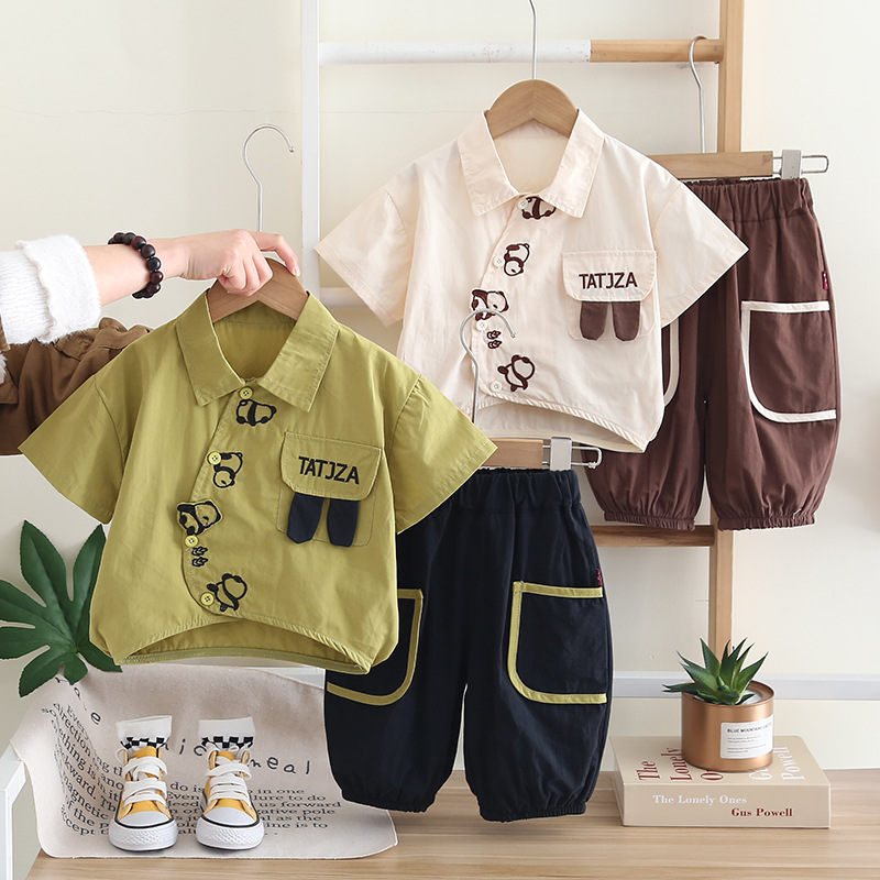 Boys Summer Short-Sleeved Shirt Two-Piece Set 2025 New Style Baby Boy Short-Sleeved Four Panda Shirt Set