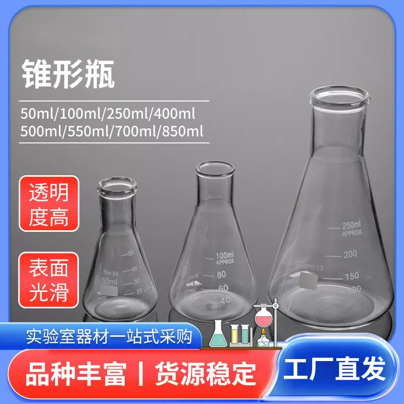 锥形瓶三角烧瓶 广口50ml100ml250ml500ml 平底烧瓶加厚锥形瓶