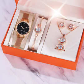 6pes时尚气质精品礼物套装礼盒网带表星空休闲女士手表+手链+项链