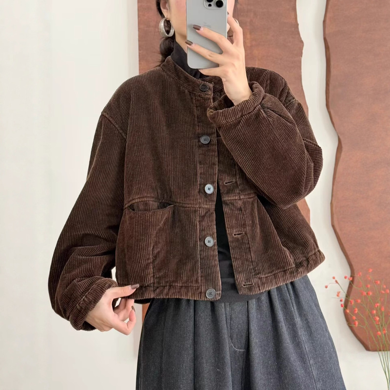 Corduroy Cotton Jacket for Women, Winter Style, Artistic Retro, Nostalgic, Loose, Fried Color, Casual, Versatile, Warm Jacket 25315