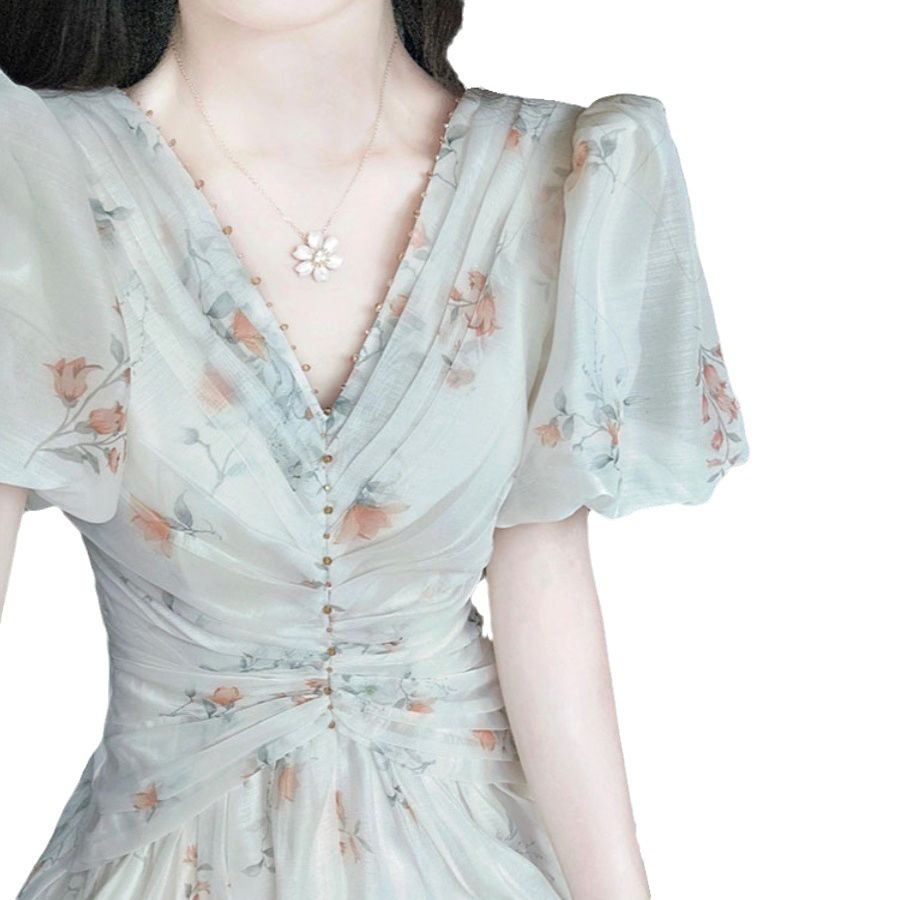 Váy liền hoa cổ chữ V tay bồng dáng dài mùa hè — Màu xanh lục nhạt