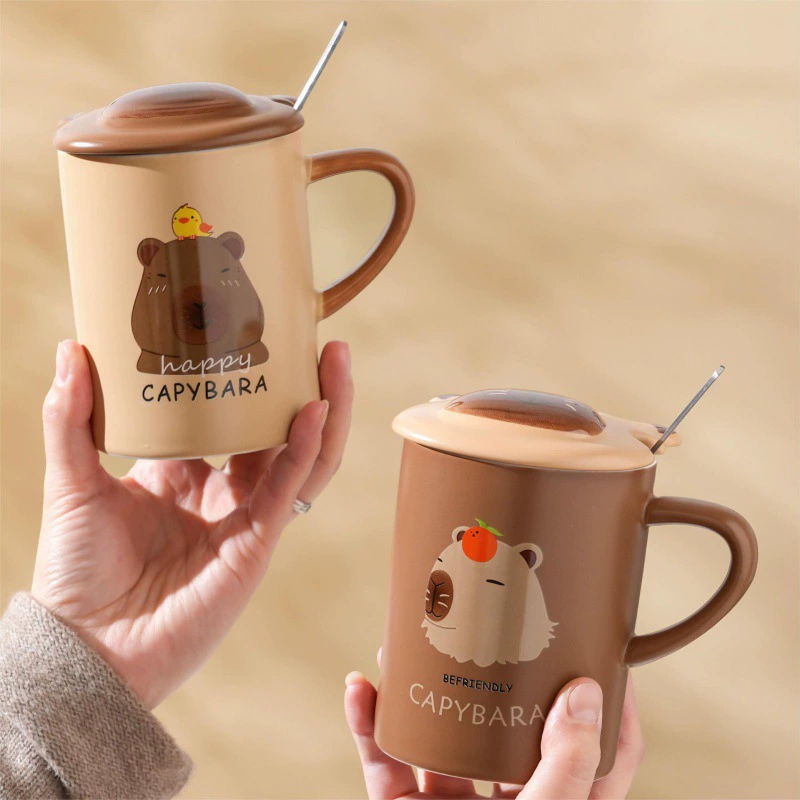 Керамическая кружка с крышкой Cute Capybara Mark, 400 мл, для офиса и дома