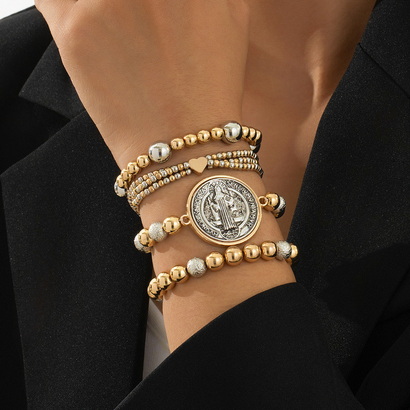 4 European and American fashion personality creative metal disc CCB golden beaded religious holy ladies hand string suit