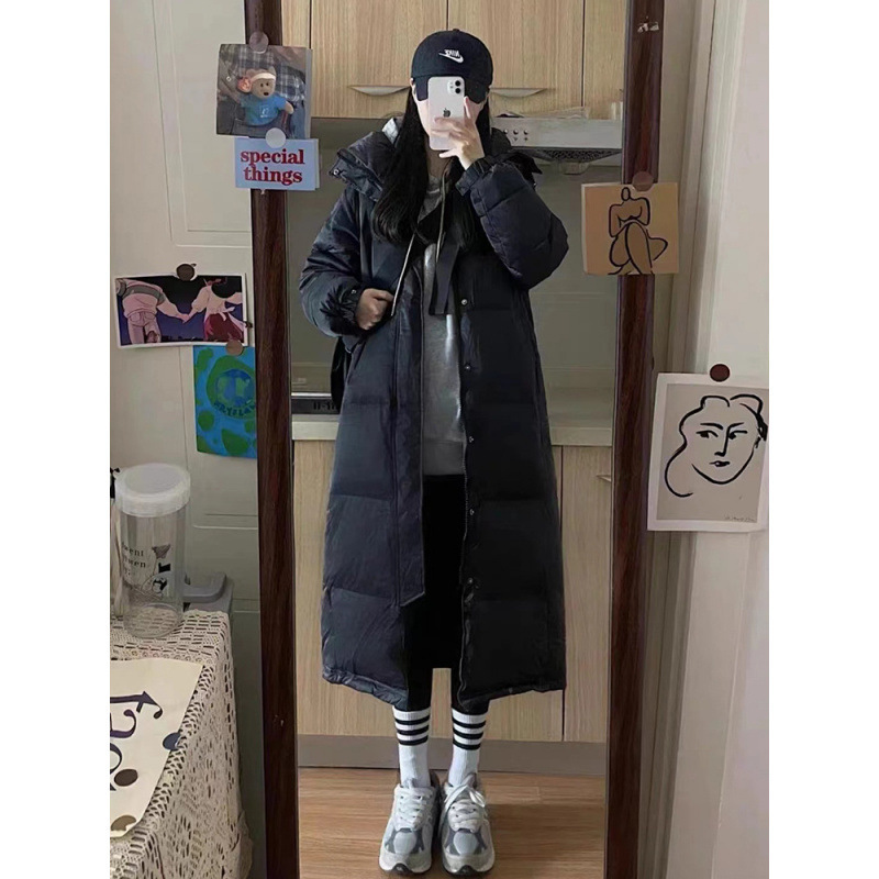 Black Zhongxi down Jacket Women's Long Over-The-Knee Thickened Loose Removable Hood New Couple Winter
